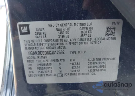 2012 Buick Enclave Leather z USA, uszkodzony, nr VIN 5GAKRCED8CJ312692